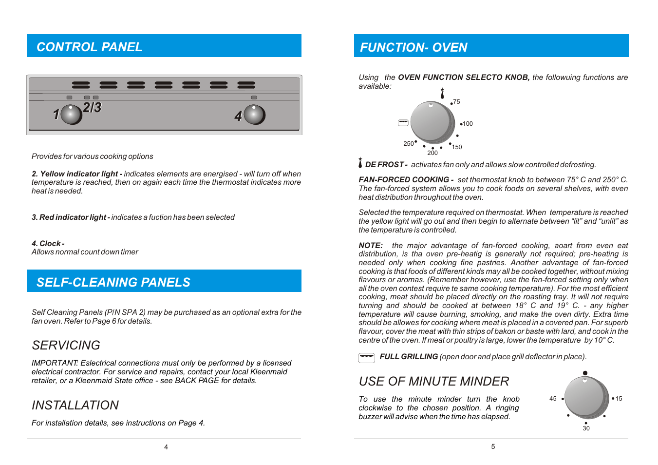 Self-cleaning panels control panel, Servicing installation, Function- oven | Use of minute minder | Kleenmaid TO39A User Manual | Page 3 / 6