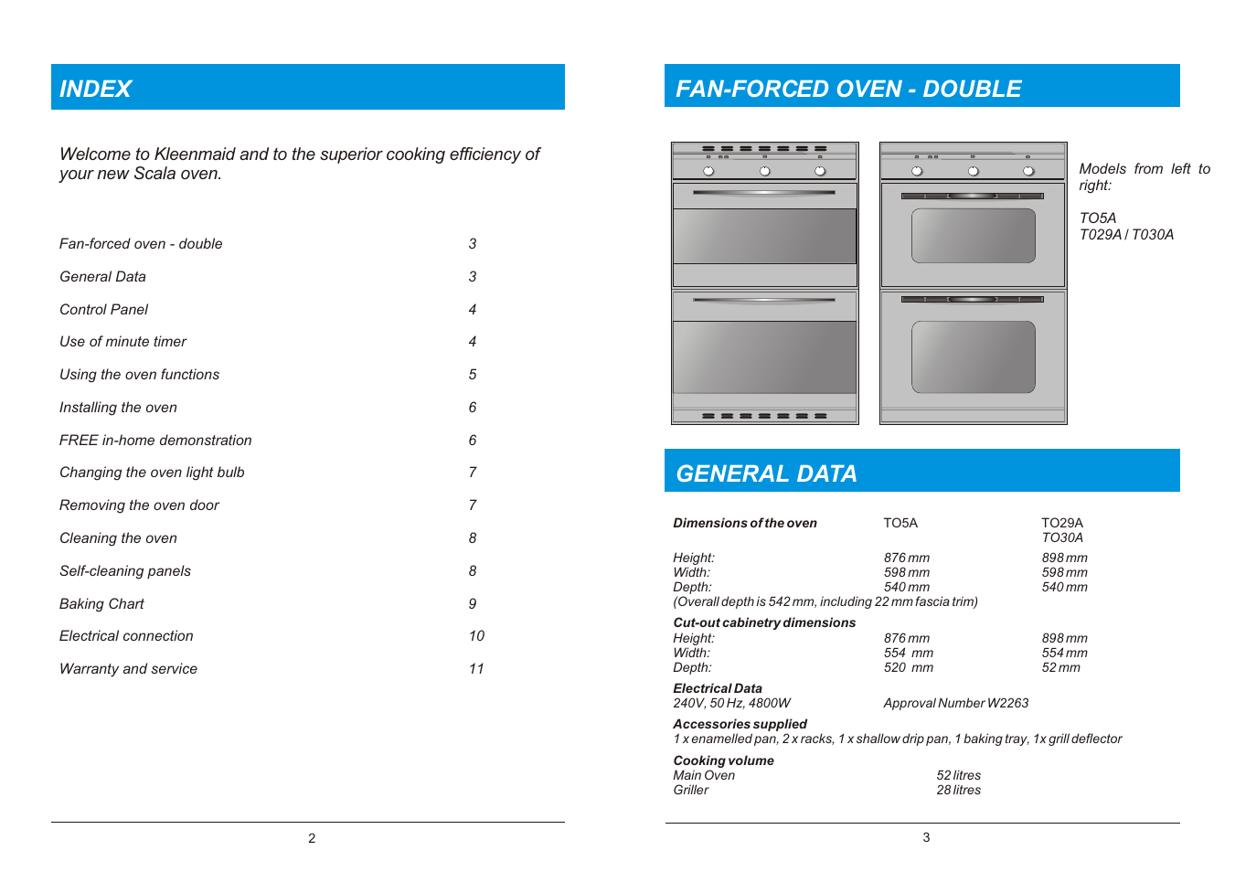 Fan-forced oven - double general data, Index | Kleenmaid TO5A User Manual | Page 2 / 6