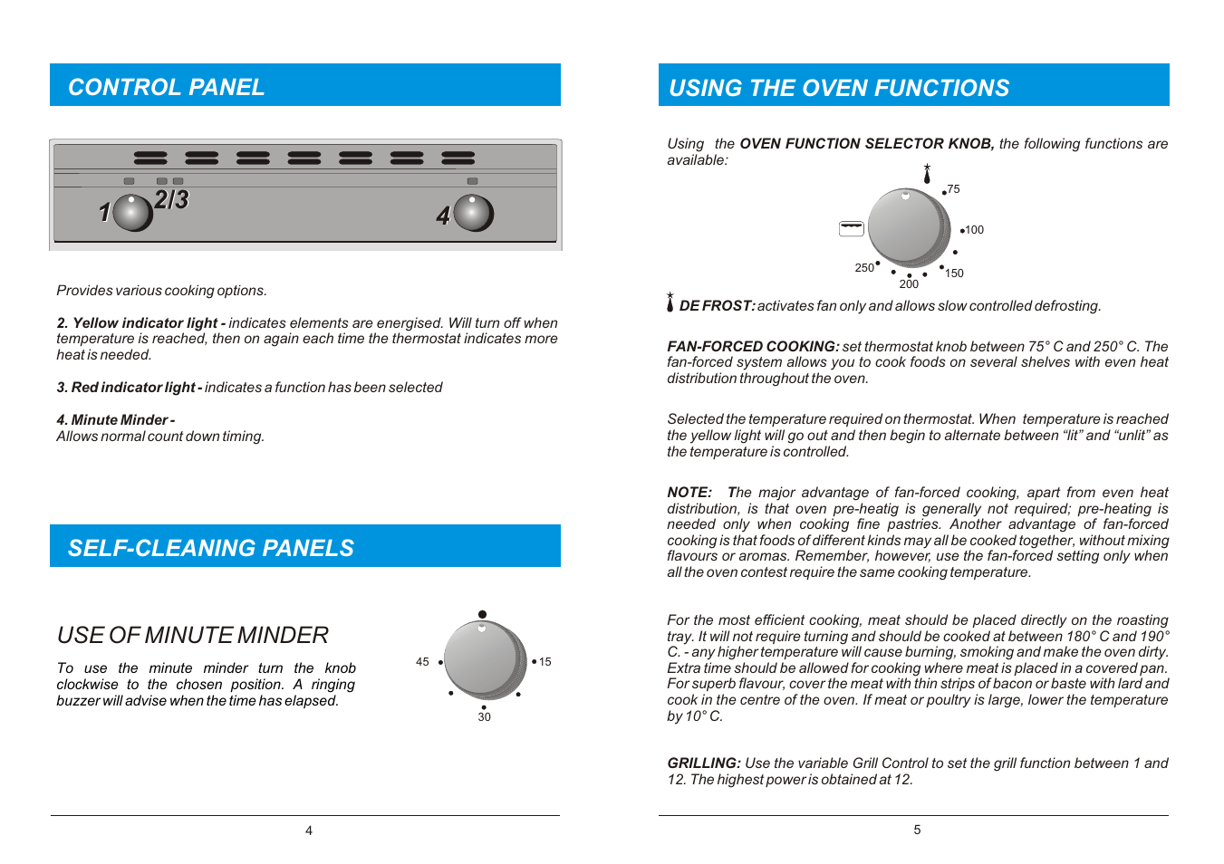 Self-cleaning panels control panel, Use of minute minder, Using the oven functions | Kleenmaid TO5A User Manual | Page 3 / 6
