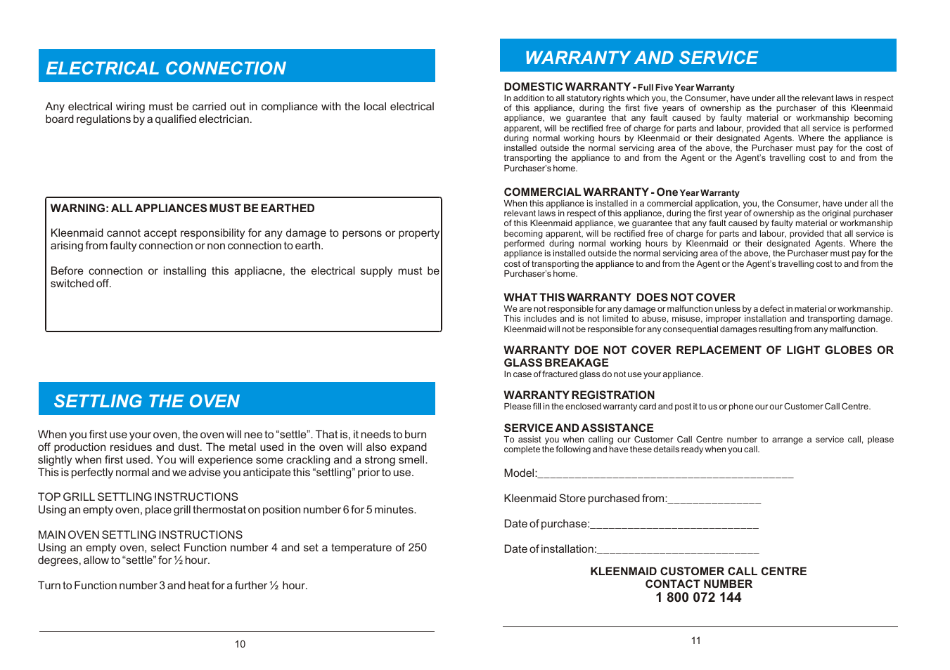 Warranty and service electrical connection, Settling the oven | Kleenmaid TO5A User Manual | Page 6 / 6