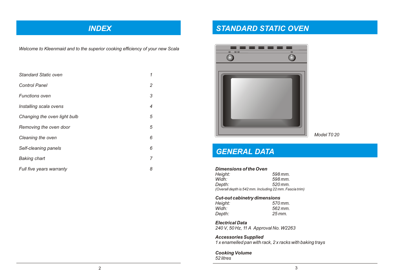 Standard static oven general data, Index | Kleenmaid TO20 User Manual | Page 2 / 6
