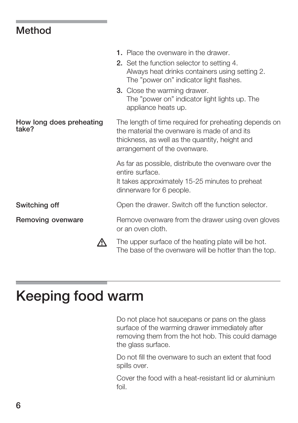 Keeping food warm, Method | Kleenmaid KWD140 User Manual | Page 7 / 15