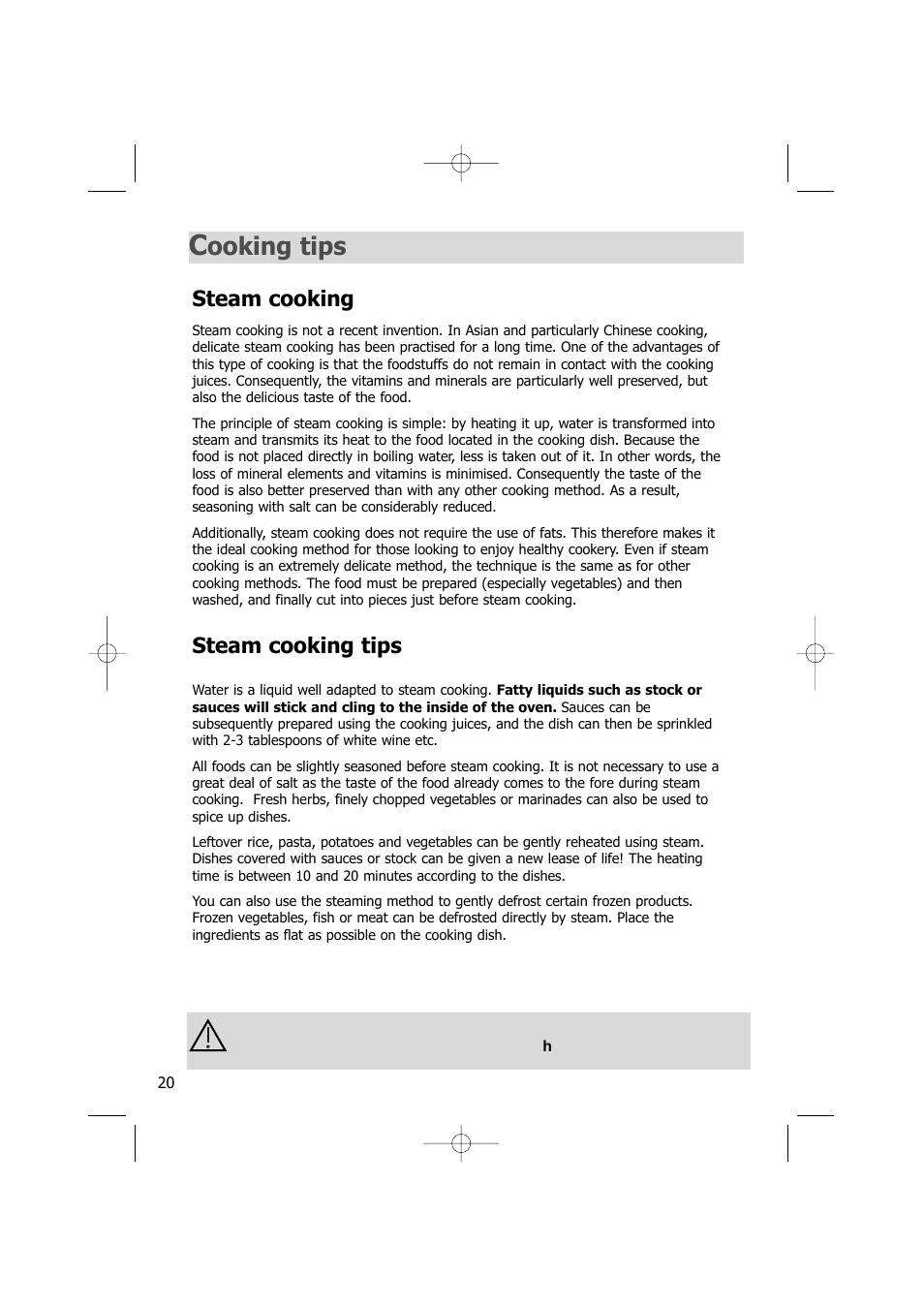 Ooking tips, Steam cooking, Steam cooking tips | Kleenmaid SOE100A User Manual | Page 20 / 28