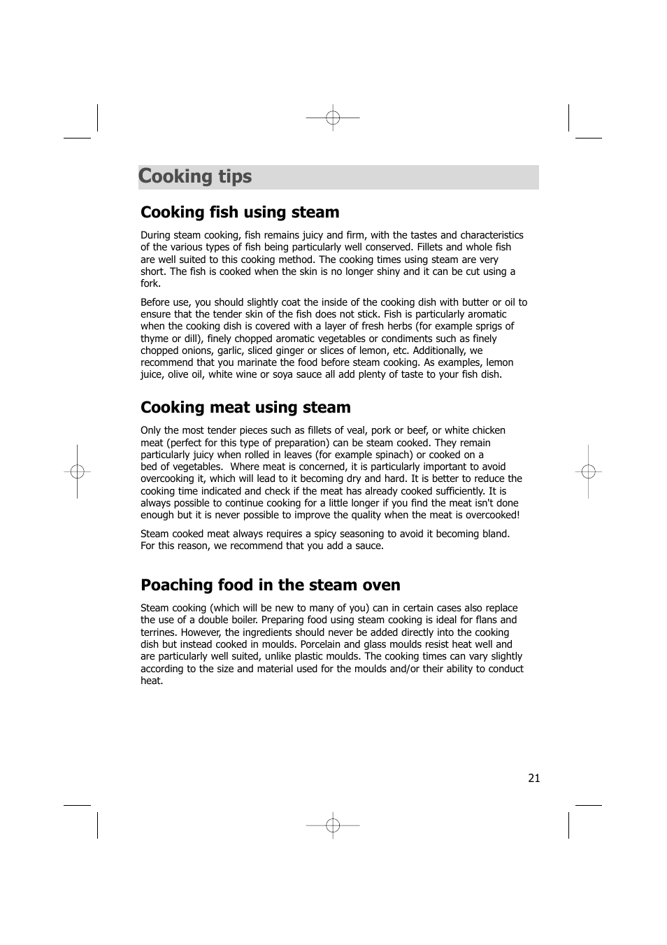 Ooking tips, Cooking fish using steam, Cooking meat using steam | Poaching food in the steam oven | Kleenmaid SOE100A User Manual | Page 21 / 28