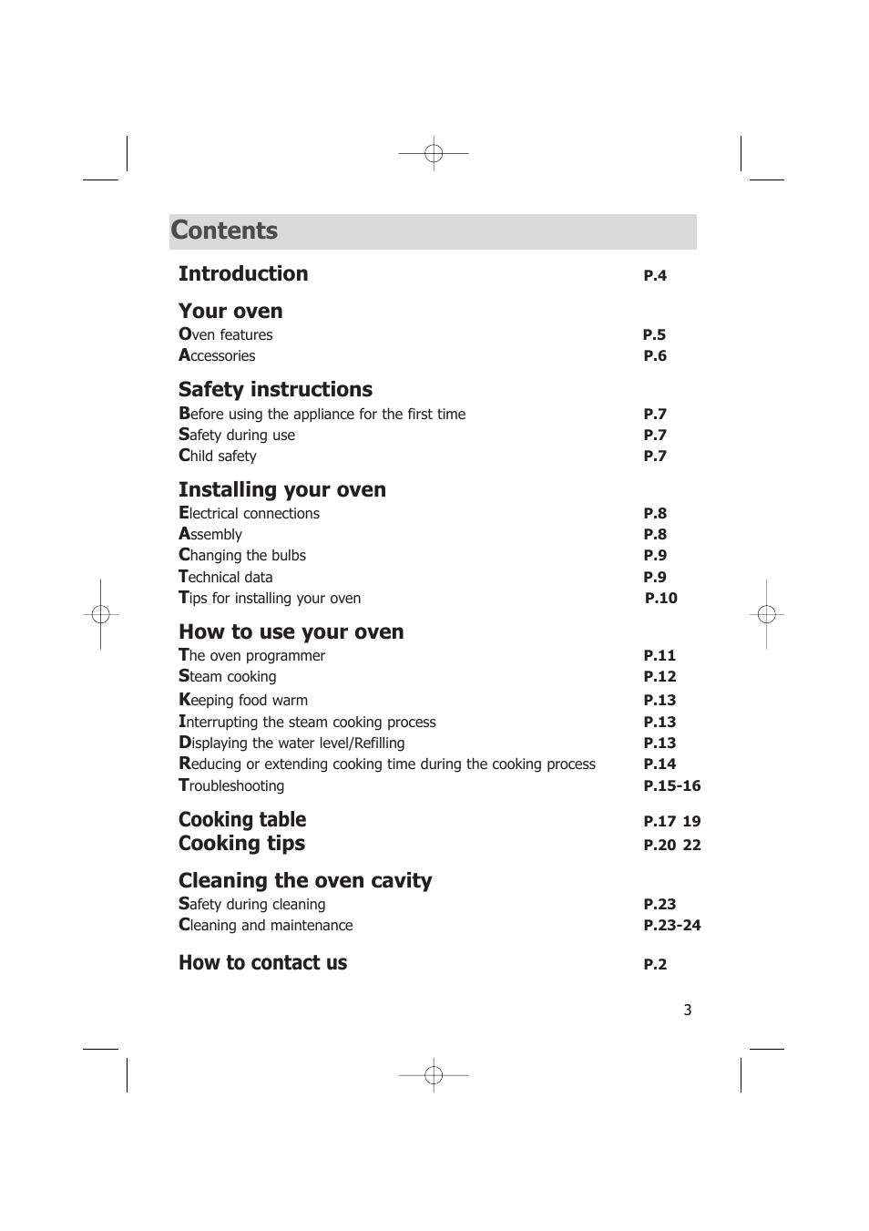 Ontents, Introduction, Your oven | Safety instructions, Installing your oven, How to use your oven, Cooking table, Cooking tips, Cleaning the oven cavity, How to contact us | Kleenmaid SOE100A User Manual | Page 3 / 28