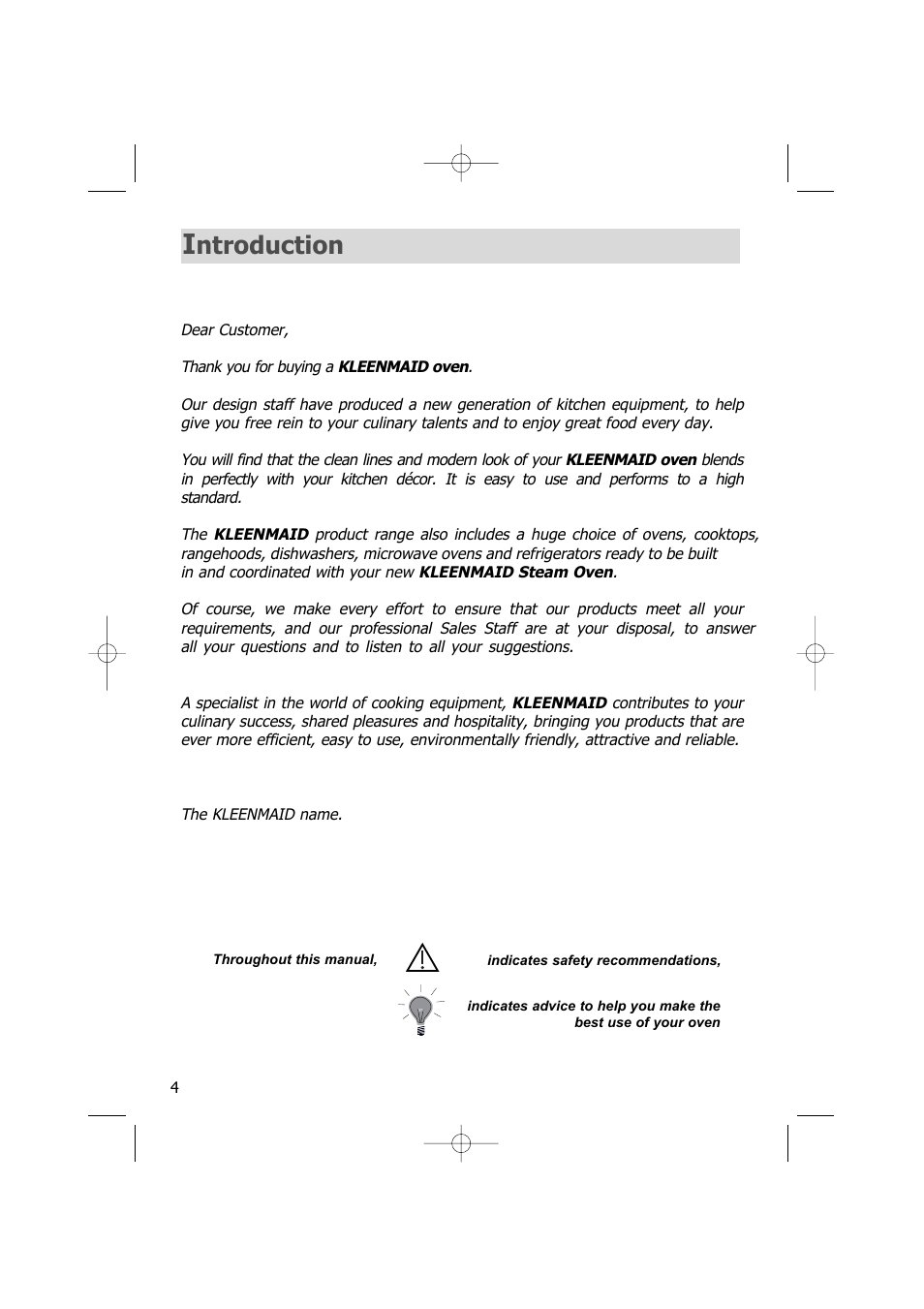 Ntroduction | Kleenmaid SOE100A User Manual | Page 4 / 28