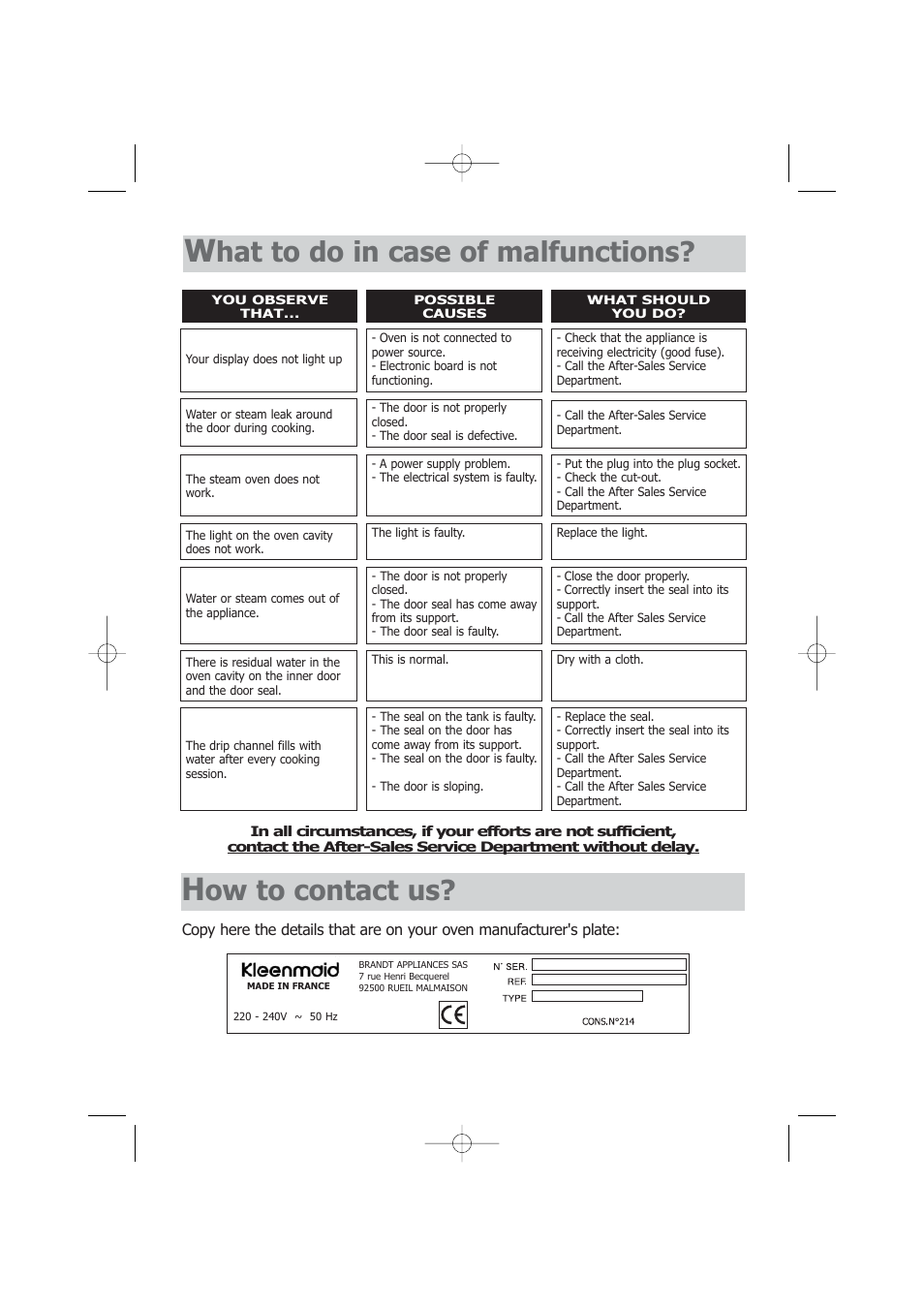 Hat to do in case of malfunctions, Ow to contact us | Kleenmaid SOE102X User Manual | Page 23 / 28