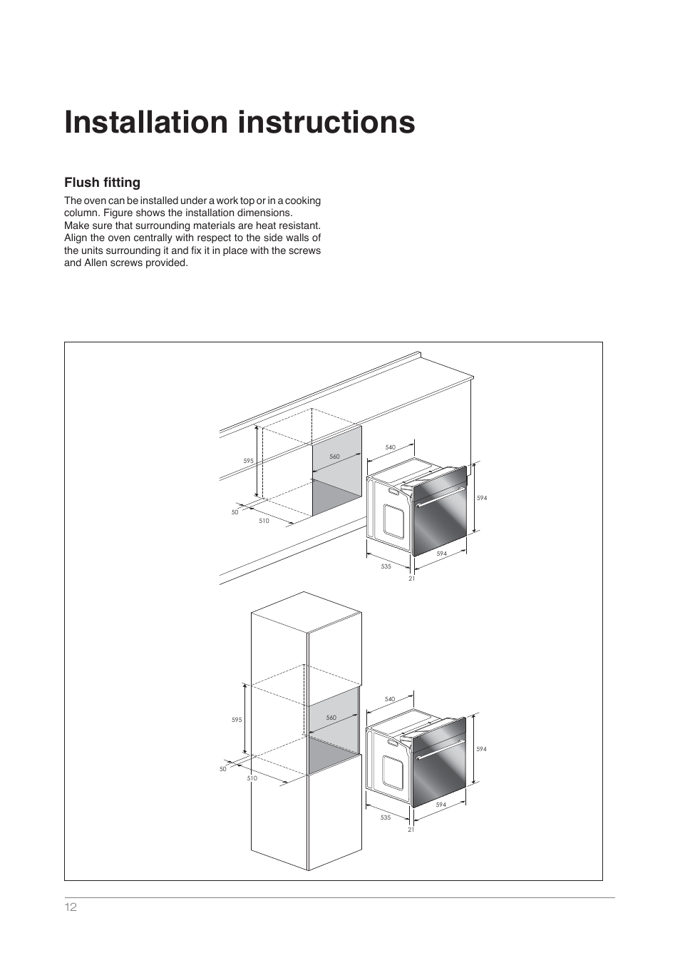 Installation instructions, Flush ﬁtting | Kleenmaid OMF6010 User Manual | Page 12 / 16
