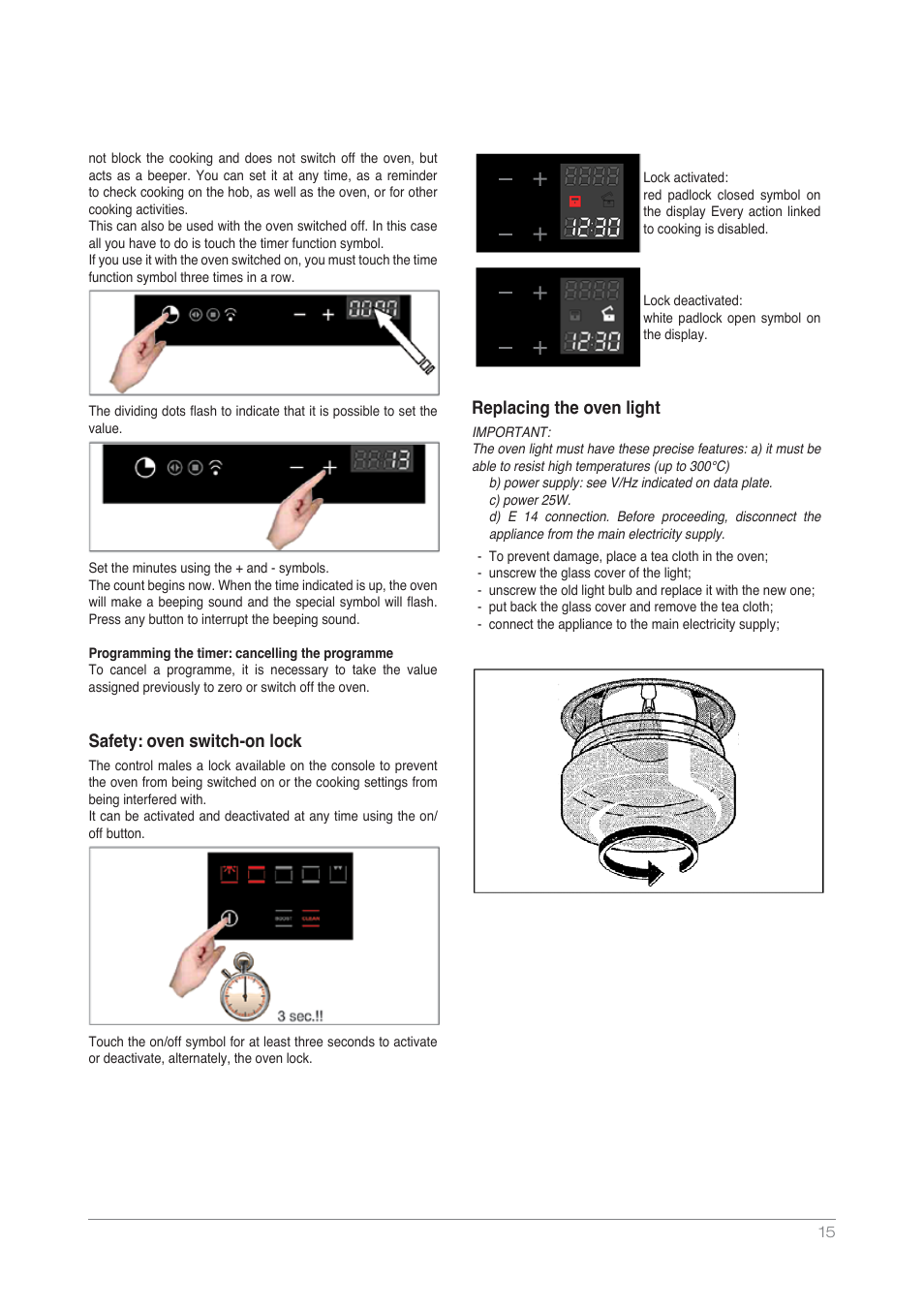 Safety: oven switch-on lock, Replacing the oven light | Kleenmaid OMF6012 User Manual | Page 15 / 20