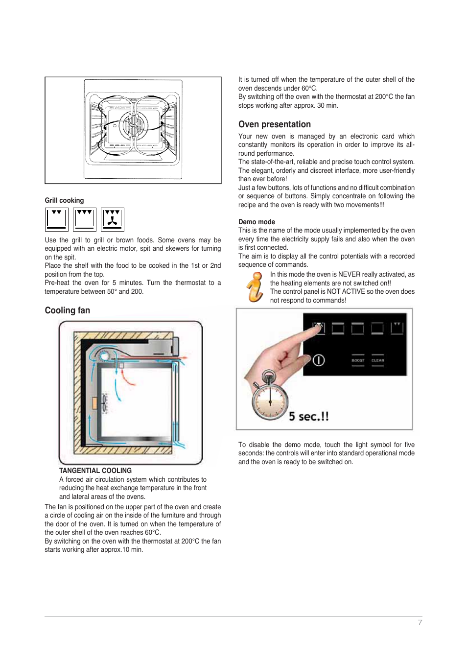 5 sec, Cooling fan, Oven presentation | Kleenmaid OMF6012 User Manual | Page 7 / 20