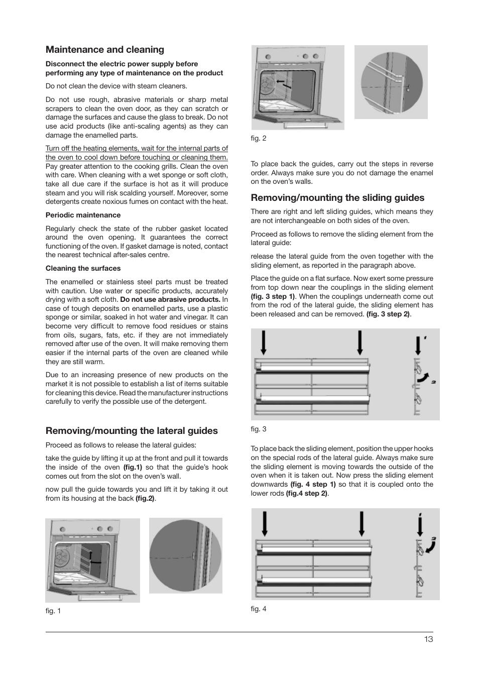 Maintenance and cleaning, Removing/mounting the lateral guides, Removing/mounting the sliding guides | Kleenmaid OMF6020 User Manual | Page 13 / 20