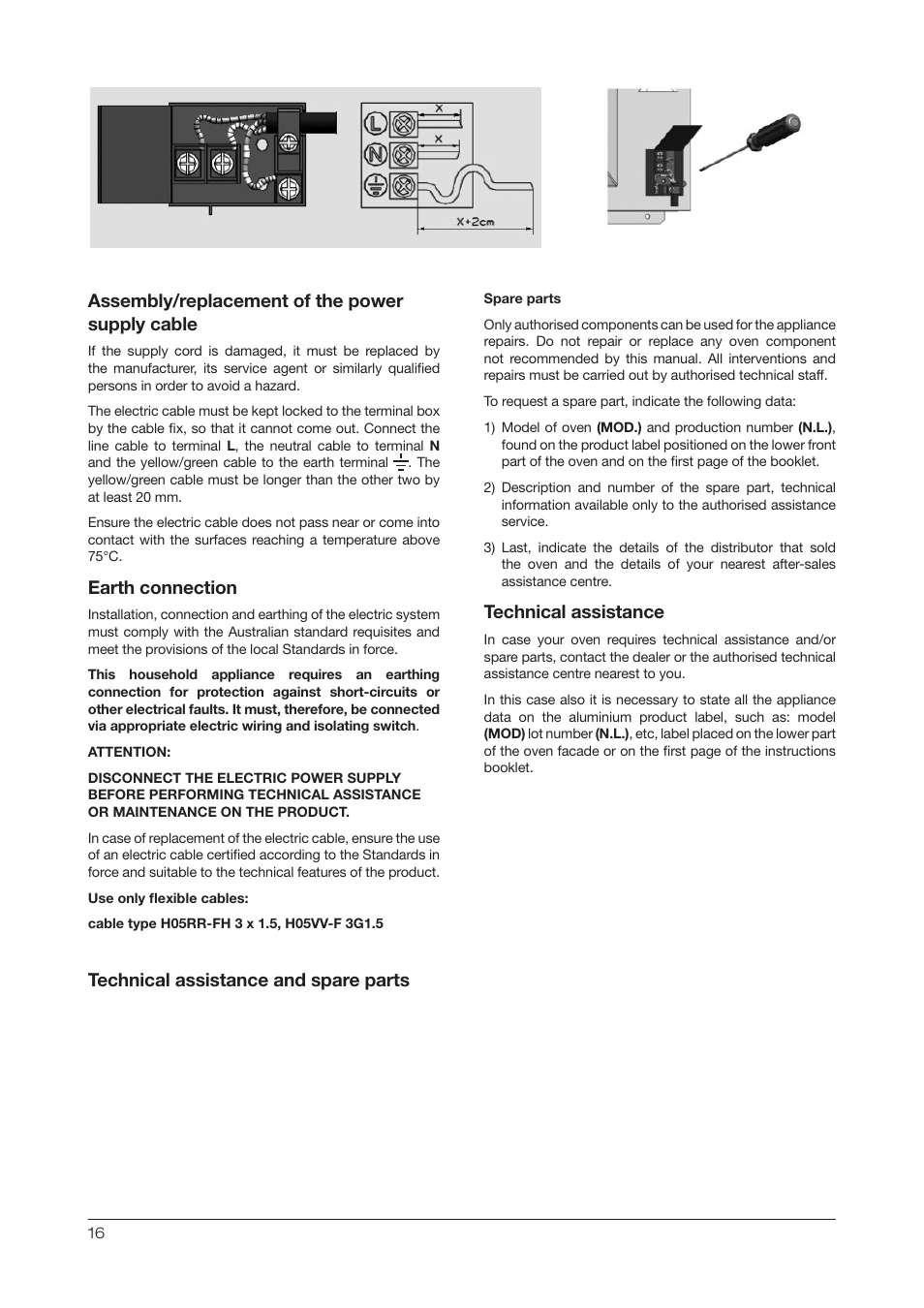 Assembly/replacement of the power supply cable, Earth connection, Technical assistance and spare parts | Technical assistance | Kleenmaid OMF6020 User Manual | Page 16 / 20