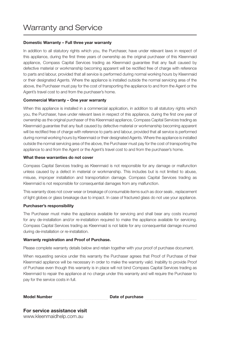Warranty and service | Kleenmaid OMF6020 User Manual | Page 19 / 20