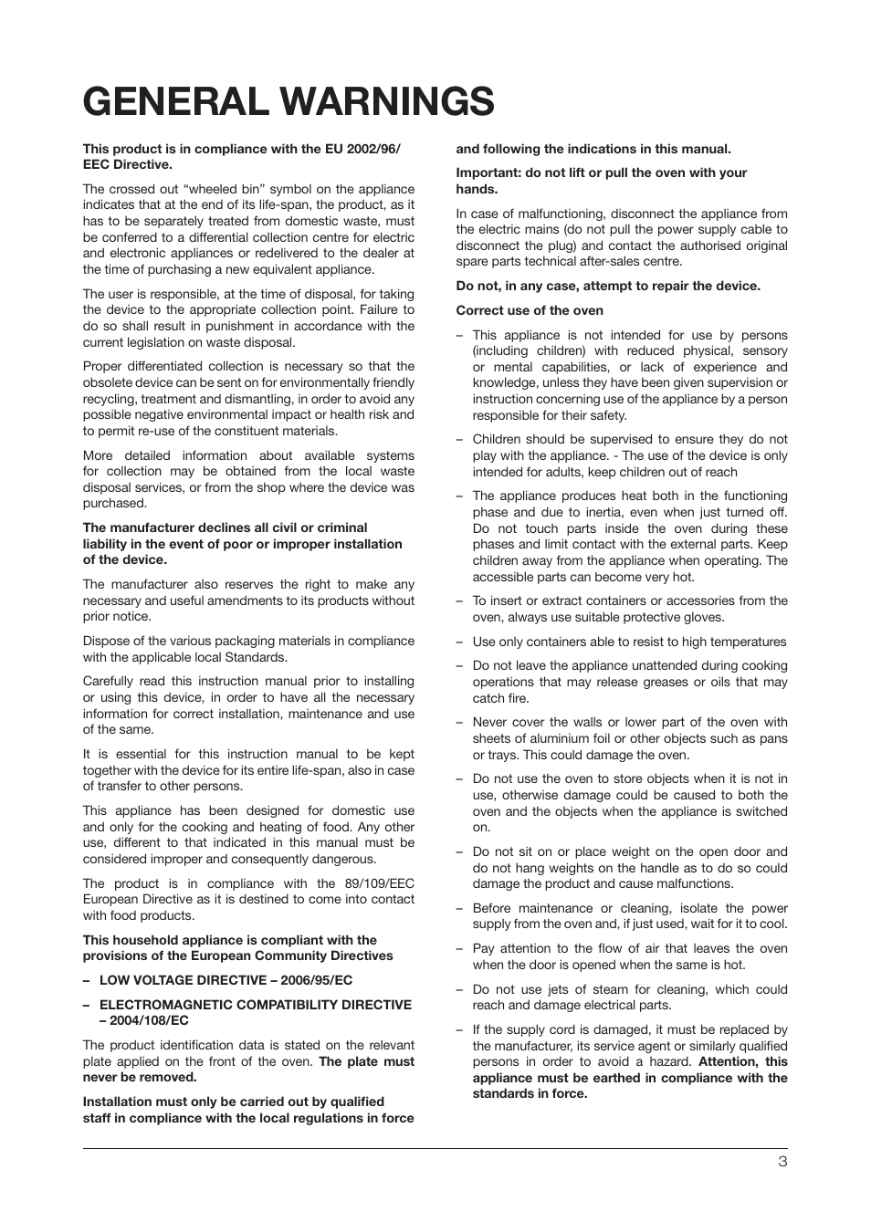 General warnings | Kleenmaid OMF6020 User Manual | Page 3 / 20