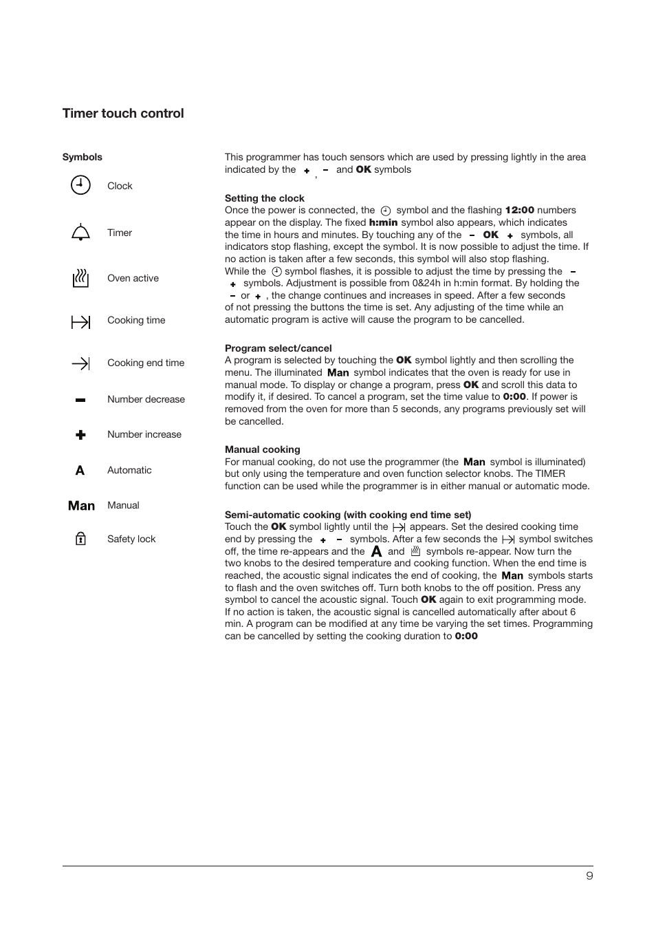 Timer touch control | Kleenmaid OMF6020 User Manual | Page 9 / 20