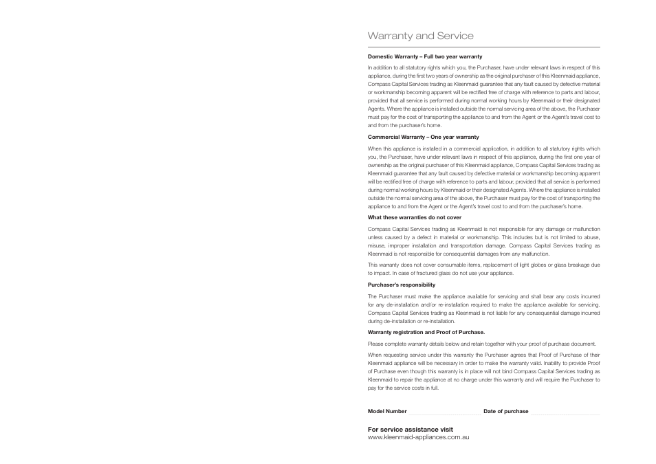 Penultima paina.pdf, Warranty and service | Kleenmaid OMFFS9010 User Manual | Page 15 / 16