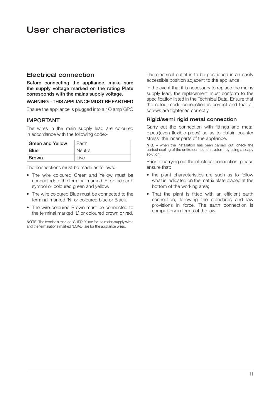 User characteristics | Kleenmaid GCT6010 User Manual | Page 11 / 16