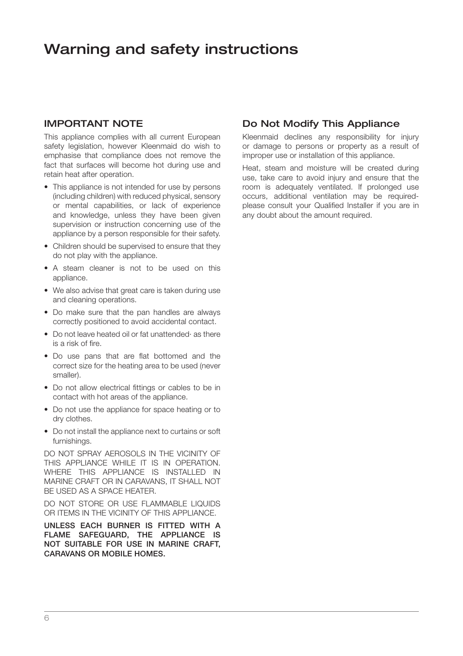 Warning and safety instructions | Kleenmaid GCT6010 User Manual | Page 6 / 16