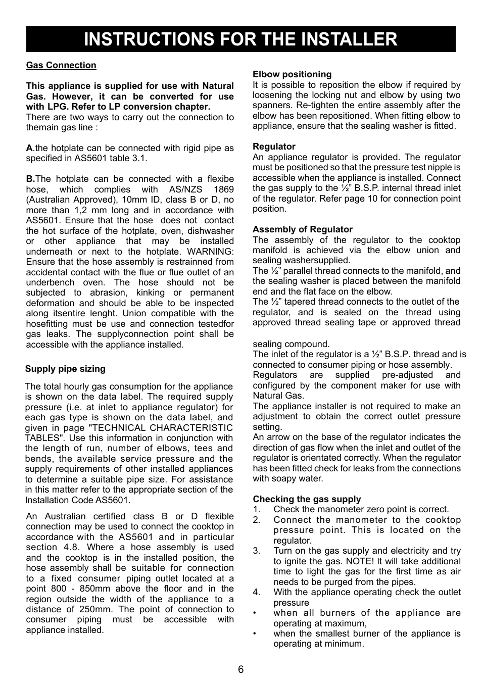 Instructions for the installer | Kleenmaid GCT6020 User Manual | Page 10 / 20