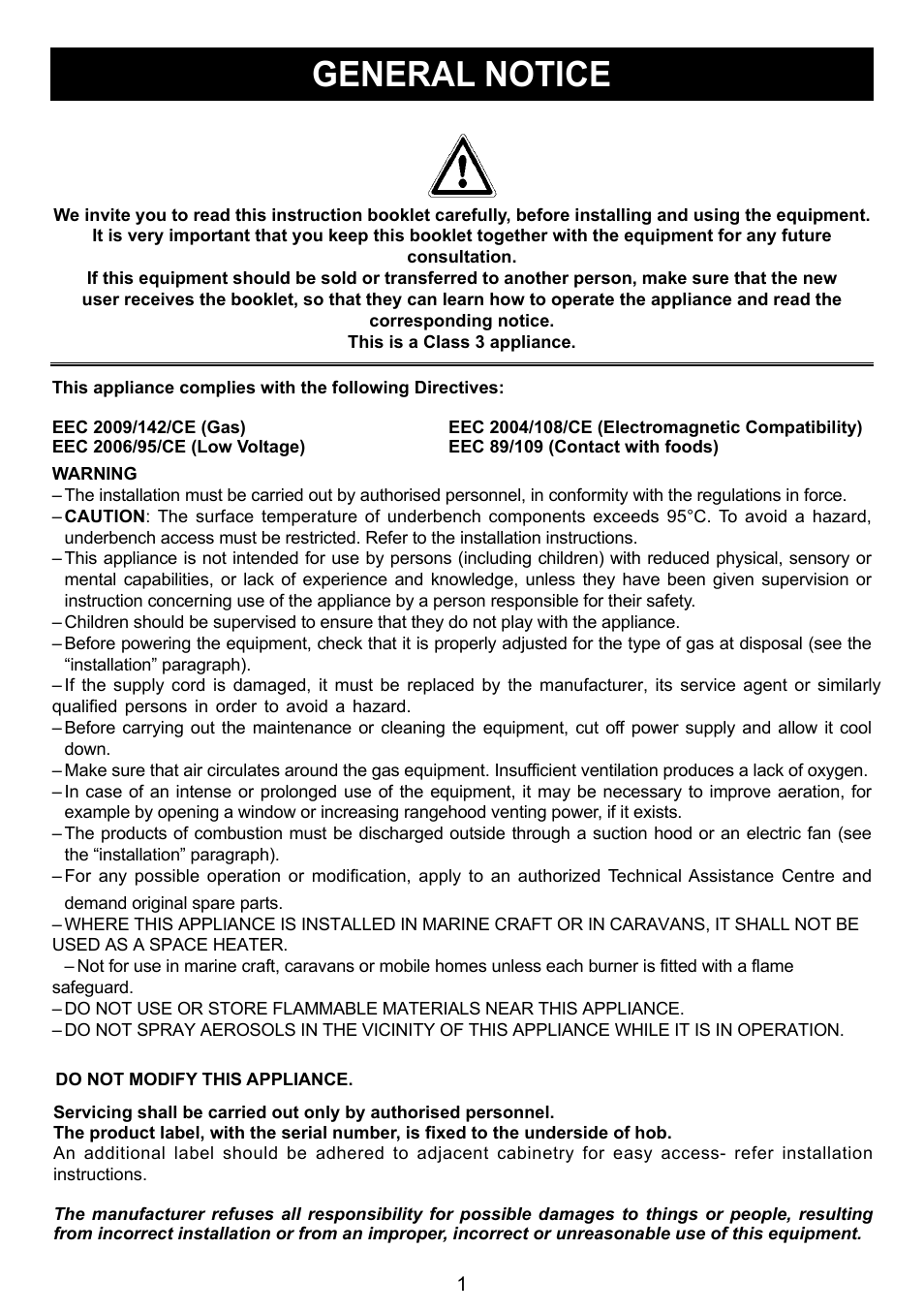 General notice | Kleenmaid GCT6020 User Manual | Page 5 / 20