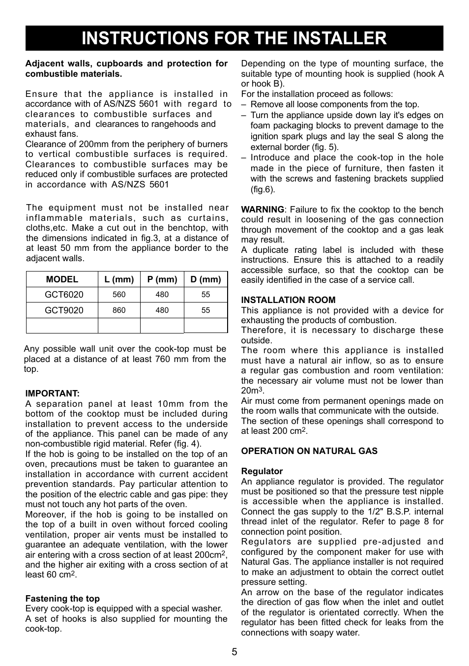 Instructions for the installer | Kleenmaid GCT6020 User Manual | Page 9 / 20