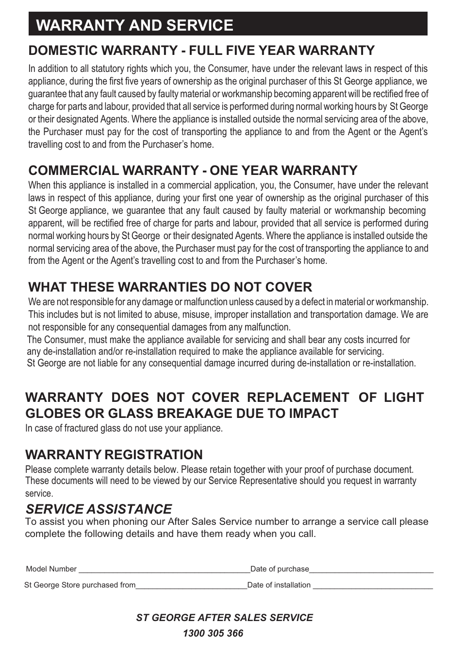 Warranty and service, Domestic warranty - full five year warranty, Commercial warranty - one year warranty | What these warranties do not cover, Warranty registration, Service assistance | Kleenmaid RHSGSPOT User Manual | Page 17 / 18