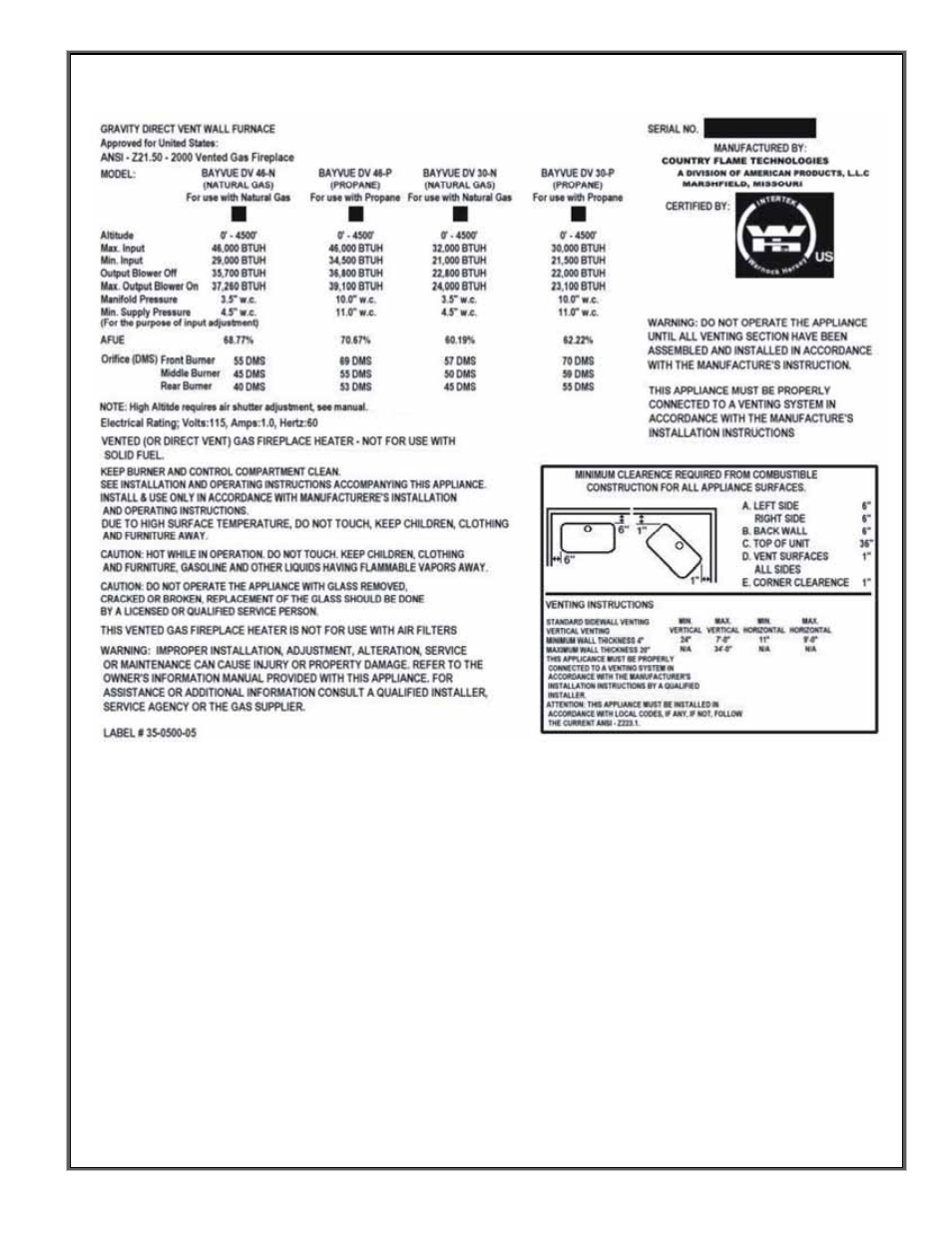 Safety label | Country Flame Bayvue DV 30 User Manual | Page 48 / 48