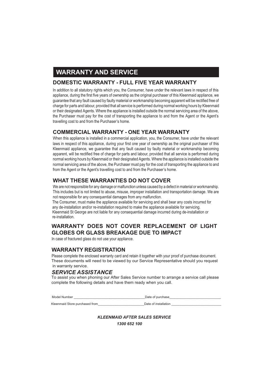 Warranty and service, Domestic warranty - full five year warranty, Commercial warranty - one year warranty | What these warranties do not cover, Warranty registration, Service assistance | Kleenmaid BOX90 User Manual | Page 23 / 24