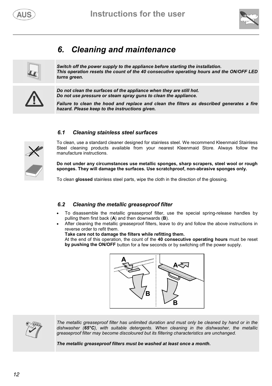 Instructions for the user, Cleaning and maintenance | Kleenmaid K70 User Manual | Page 12 / 16