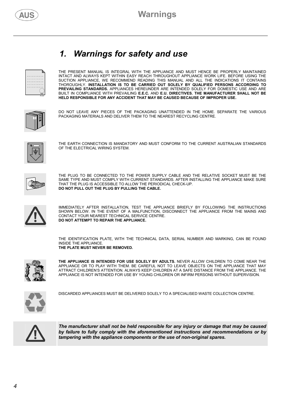 Warnings, Warnings for safety and use | Kleenmaid K70 User Manual | Page 4 / 16