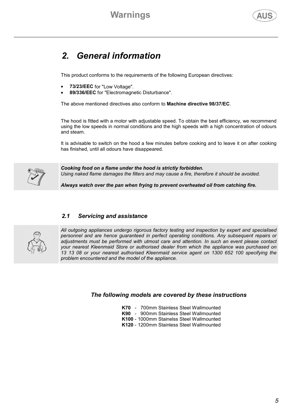 Warnings, General information | Kleenmaid K70 User Manual | Page 5 / 16