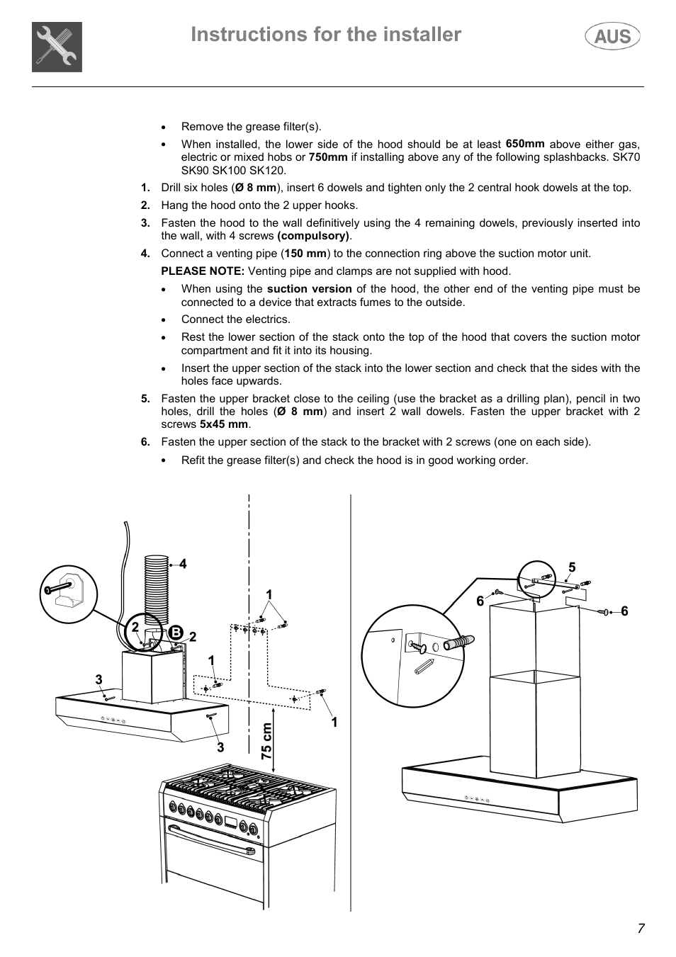 Instructions for the installer | Kleenmaid K70 User Manual | Page 7 / 16