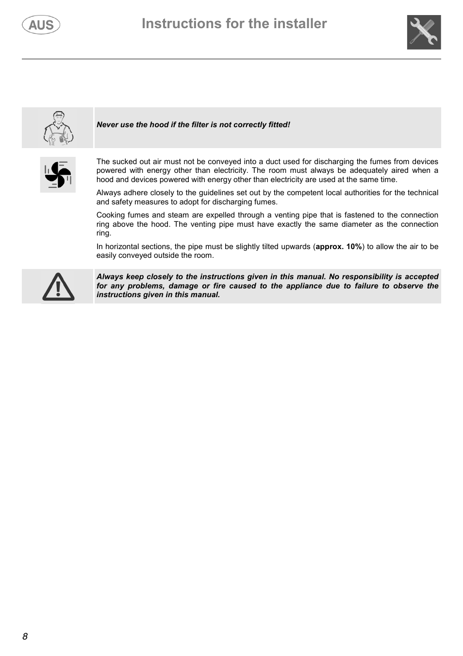 Instructions for the installer | Kleenmaid K70 User Manual | Page 8 / 16