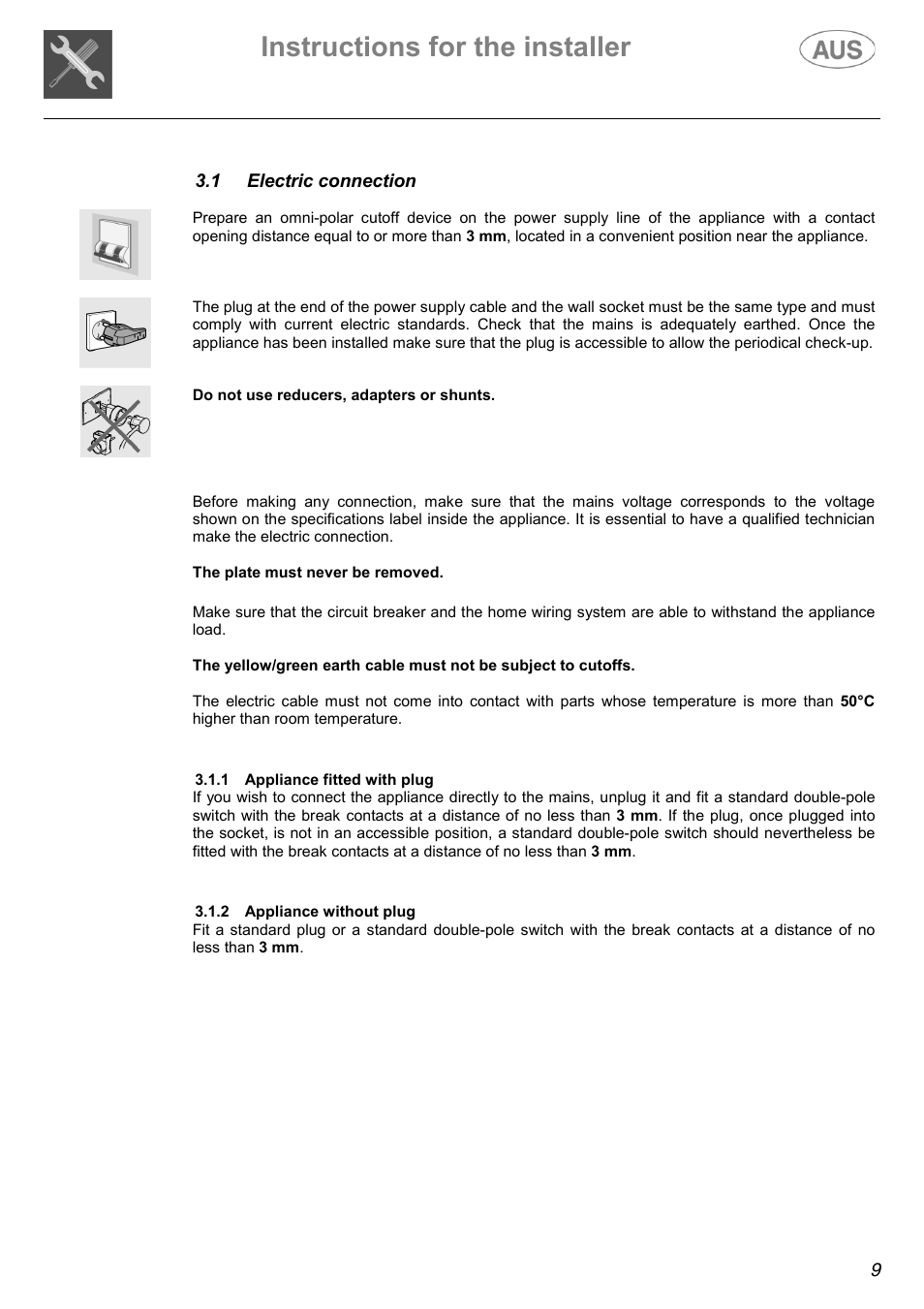 Instructions for the installer | Kleenmaid K70 User Manual | Page 9 / 16