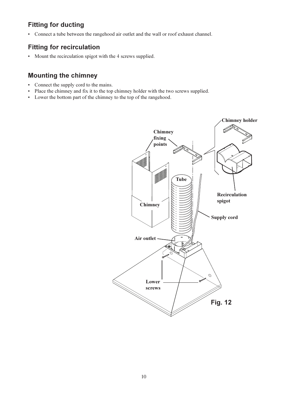 Fig. 12 fitting for ducting, Fitting for recirculation, Mounting the chimney | Kleenmaid KEY60 User Manual | Page 10 / 12