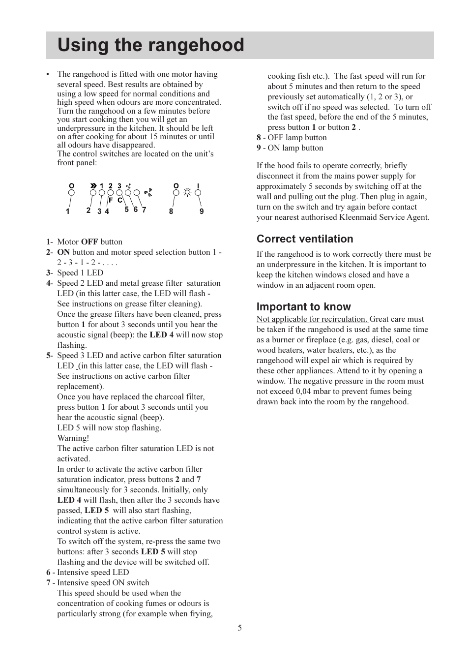 Using the rangehood, Correct ventilation, Important to know | Kleenmaid KEY60 User Manual | Page 5 / 12