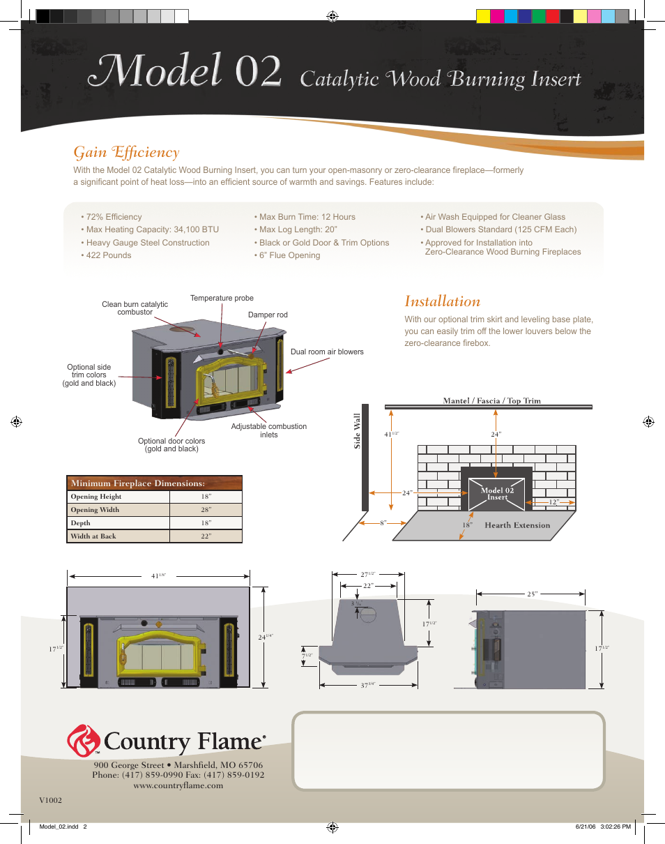 Installation, Gain efficiency | Country Flame O2 User Manual | Page 2 / 2