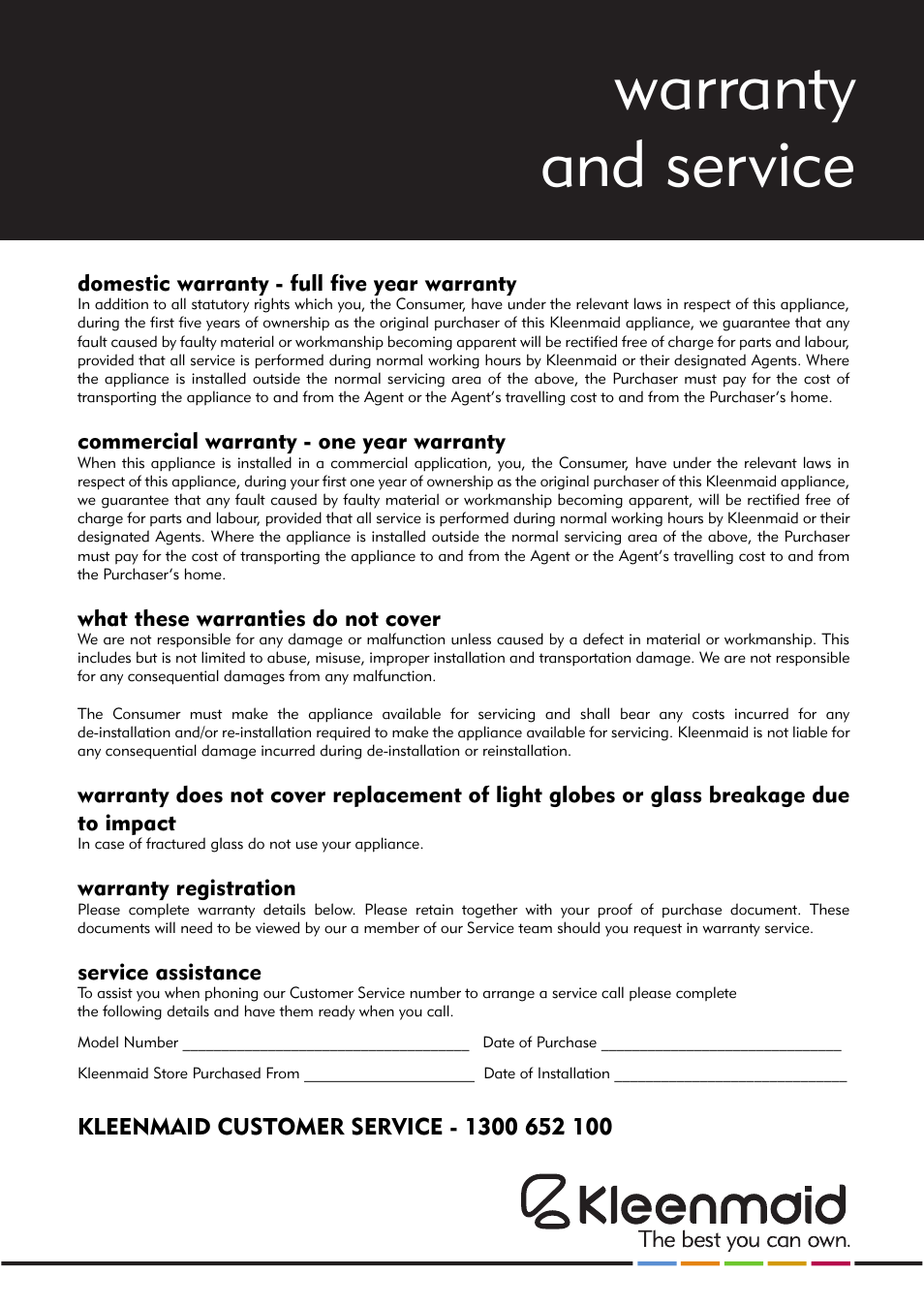 Warranty and service | Kleenmaid MINI OM User Manual | Page 7 / 8