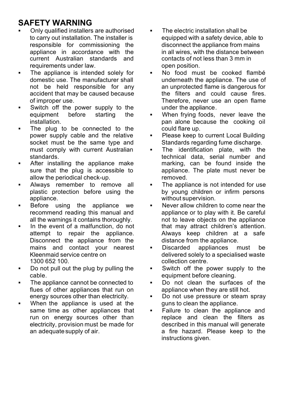 Safety warning | Kleenmaid RH14 User Manual | Page 5 / 10