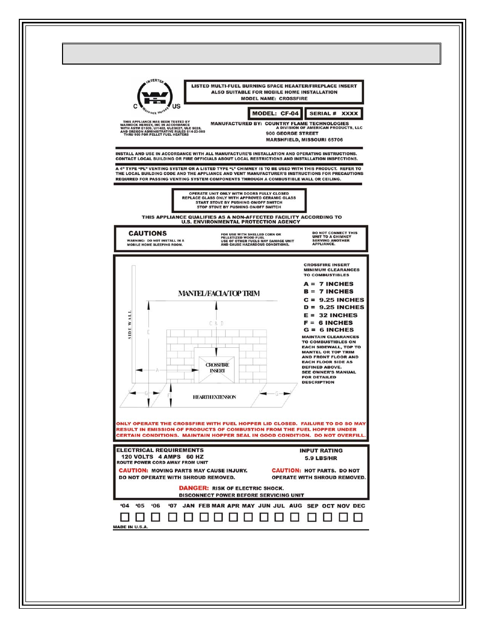 Certification safety label (sample) | Country Flame CF-04 User Manual | Page 5 / 58