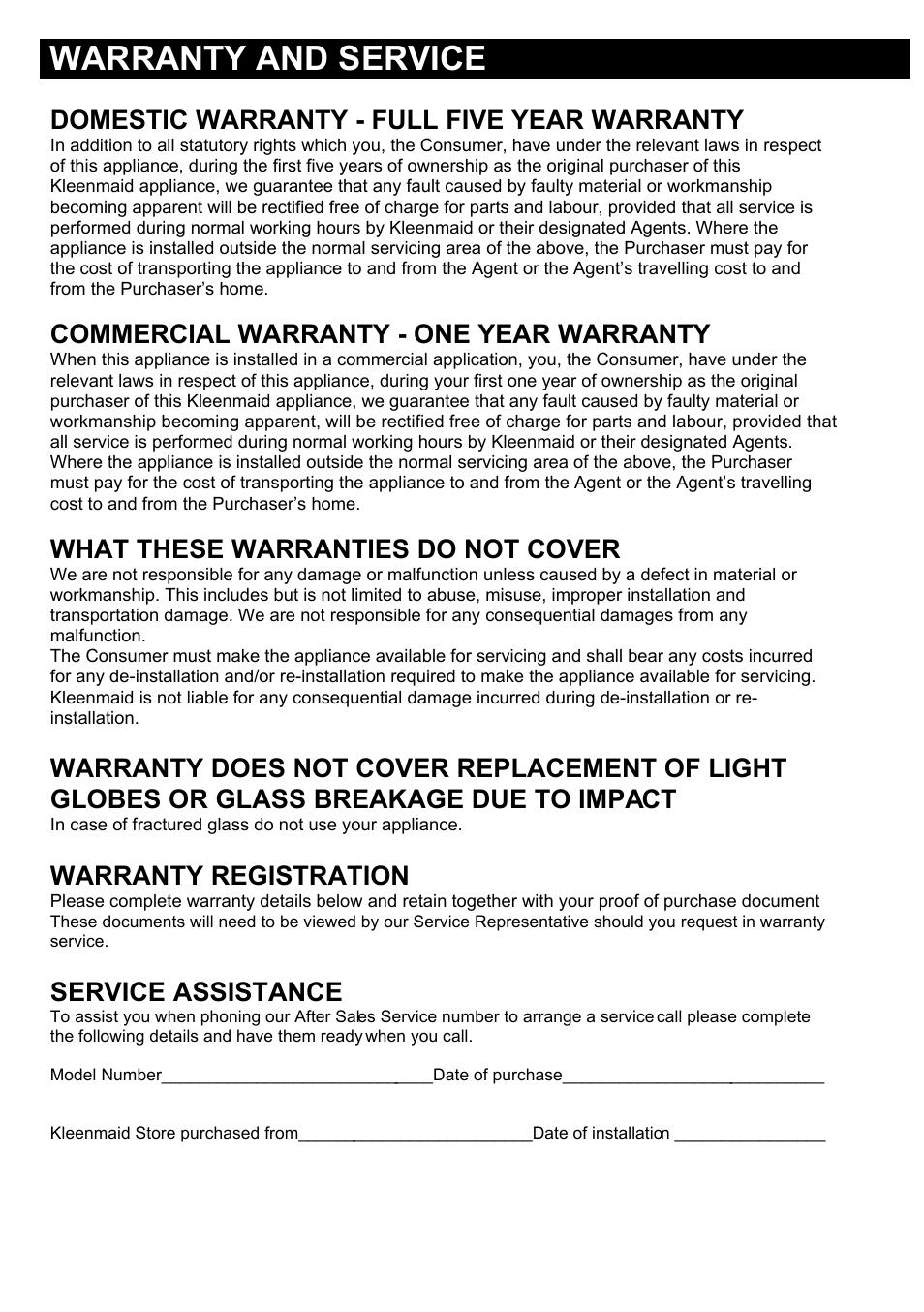 Warranty and service, Domestic warranty - full five year warranty, Commercial warranty - one year warranty | What these warranties do not cover, Warranty registration, Service assistance | Kleenmaid RH16 User Manual | Page 8 / 12