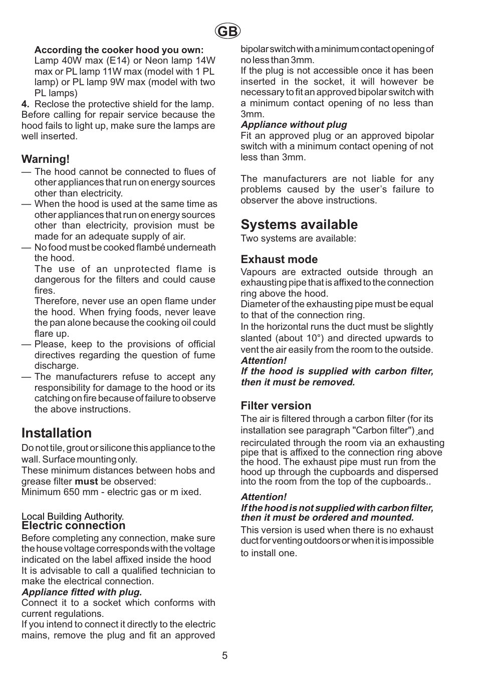 Systems available, Installation | Kleenmaid RH30 User Manual | Page 6 / 8