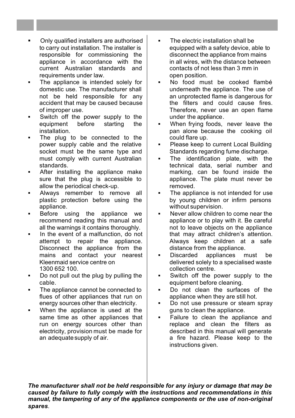 Safety warnings | Kleenmaid RH60 User Manual | Page 8 / 12