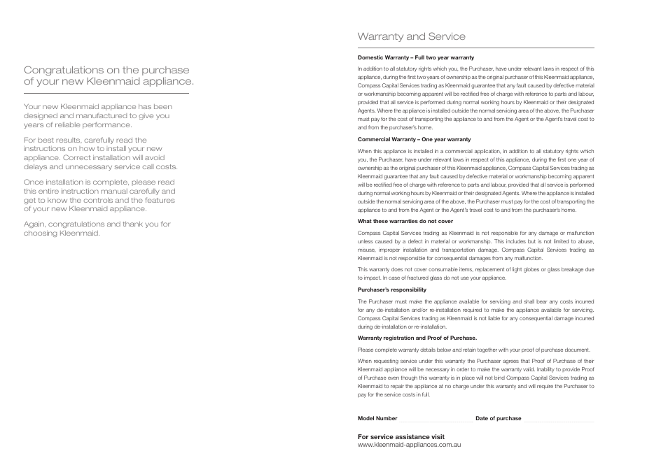 Warranty and service | Kleenmaid RHSOTF60 User Manual | Page 2 / 14