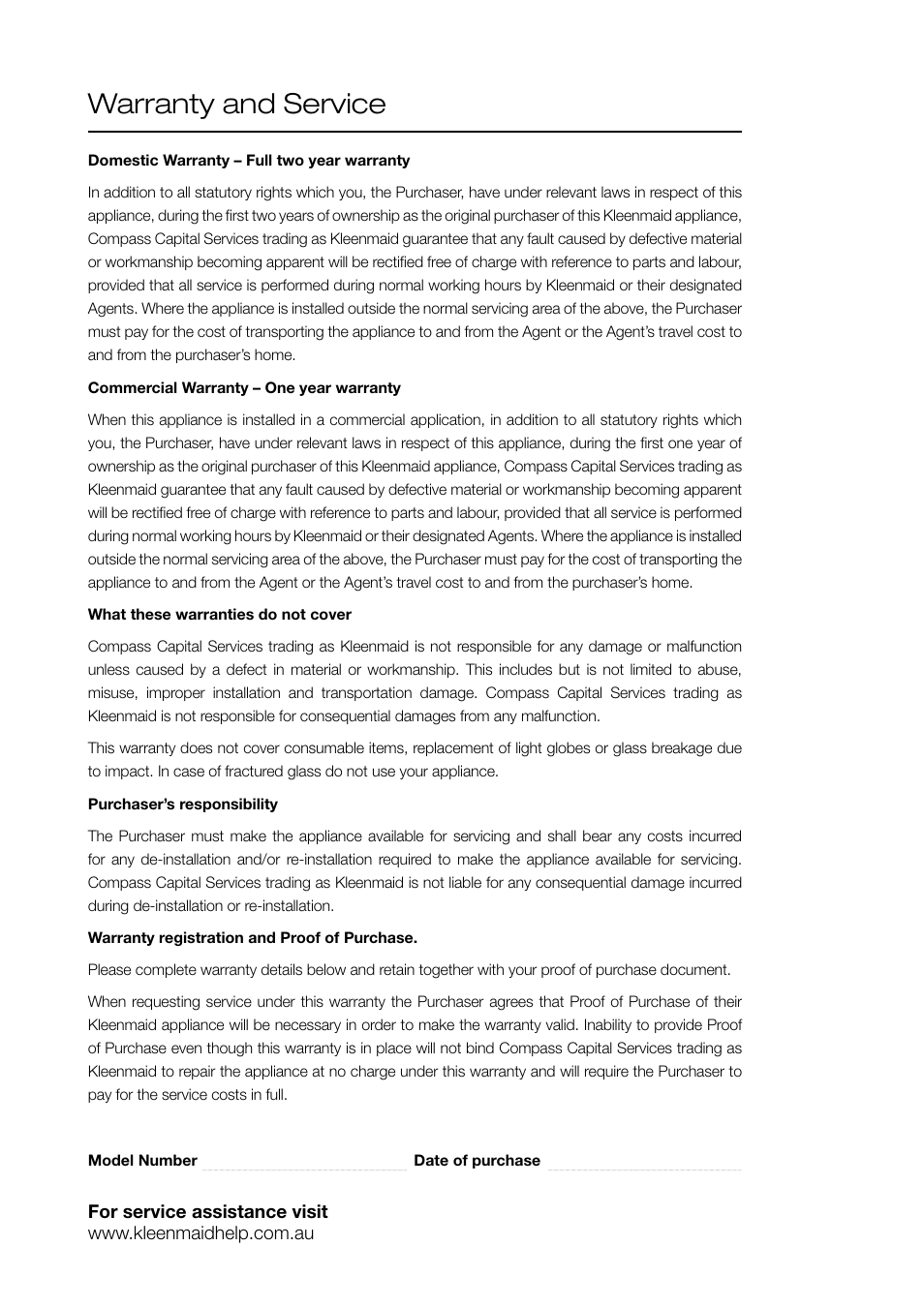 Warranty and service | Kleenmaid RHMC60 User Manual | Page 15 / 16