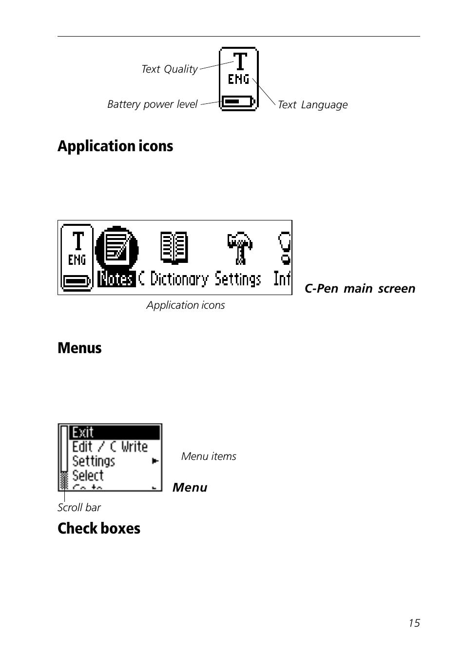 Application icon, Check box, Main screen | Menu | C Technologies Mobile Information Collector C-Pen User Manual | Page 15 / 95