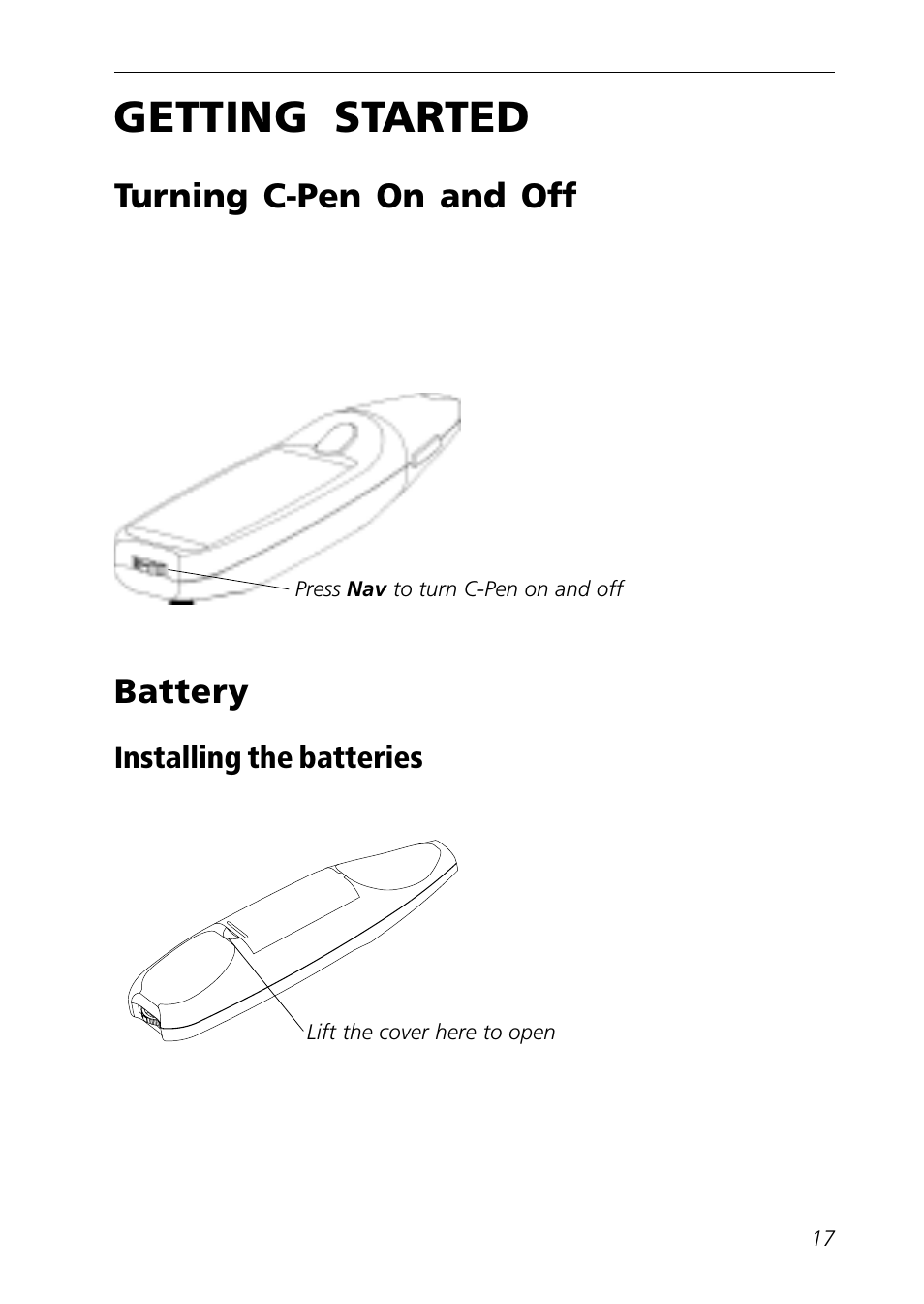 Getting started, Turning c-pen on and off, Battery | Turning c-pen on and off battery | C Technologies Mobile Information Collector C-Pen User Manual | Page 17 / 95