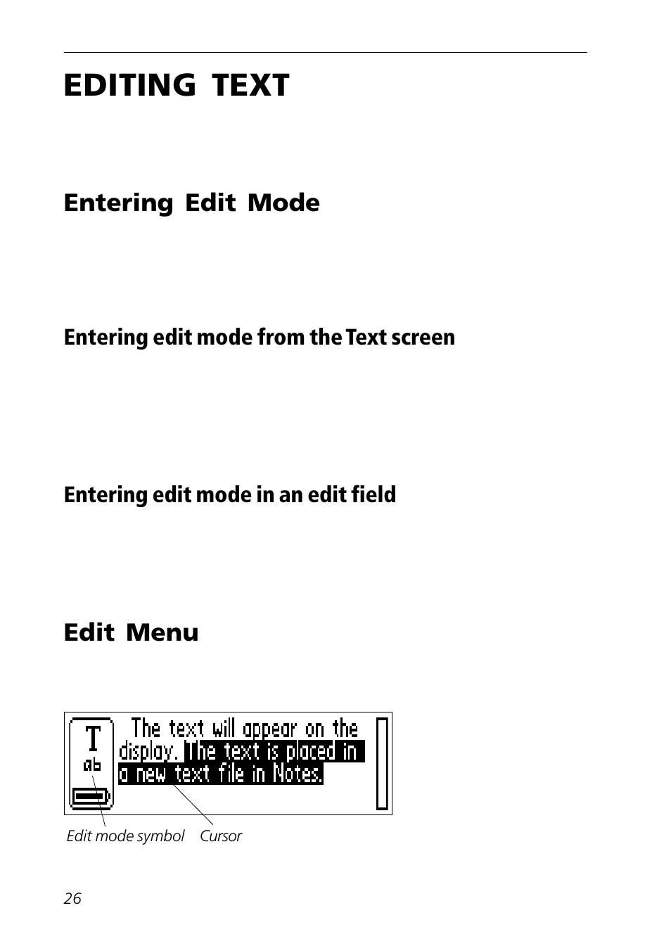 Editing text, Entering edit mode, Edit menu | Edit mode, Edit mode symbol, Entering edit mode edit menu | C Technologies Mobile Information Collector C-Pen User Manual | Page 26 / 95