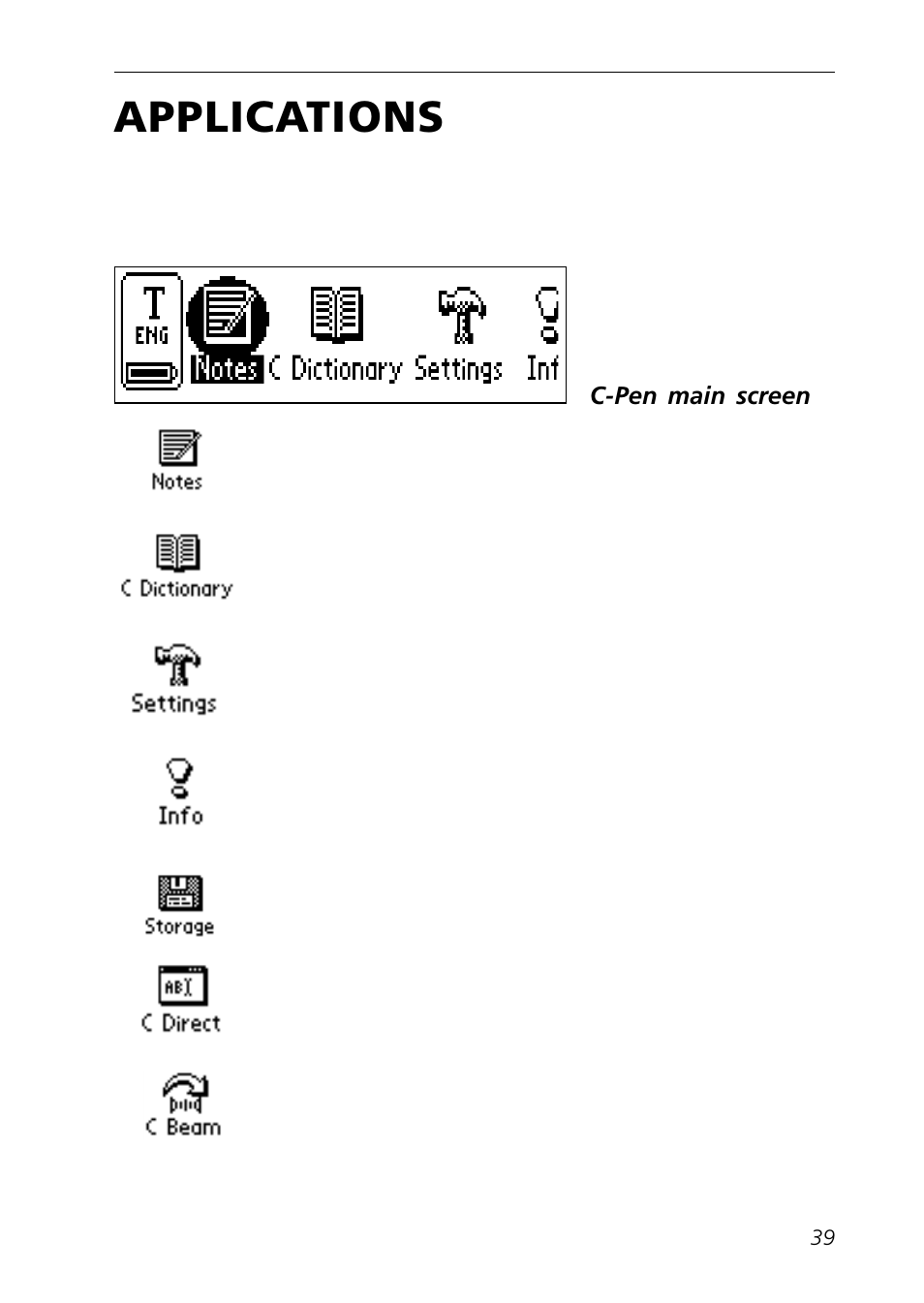 Applications, C beam, C dictionary | C direct, Info, Settings | C Technologies Mobile Information Collector C-Pen User Manual | Page 39 / 95