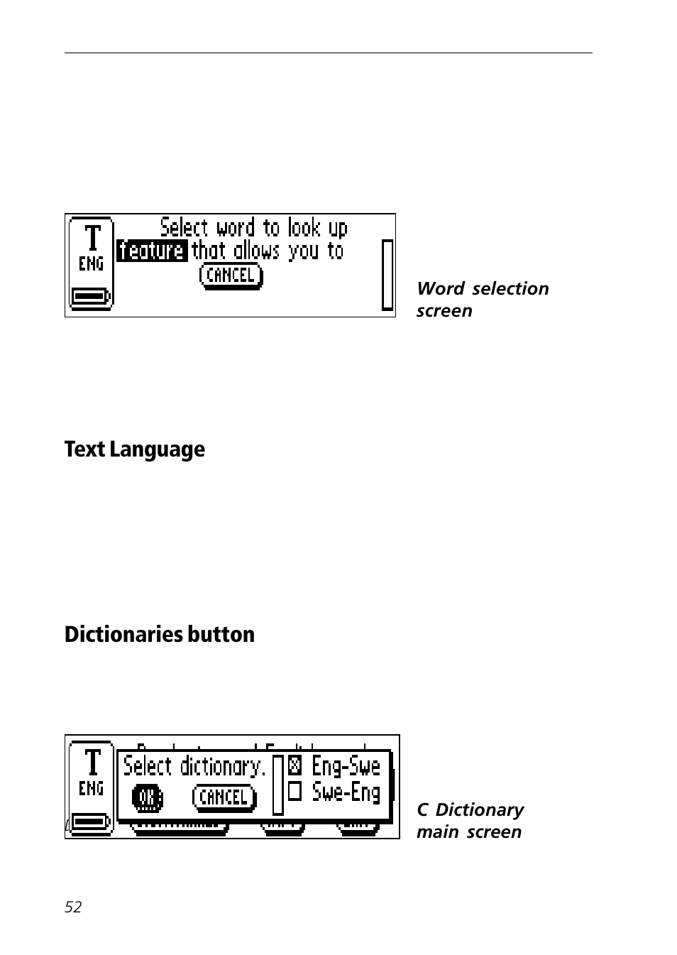 Dictionaries button, Text language | C Technologies Mobile Information Collector C-Pen User Manual | Page 52 / 95